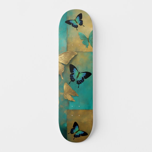Skateboard Cubierta de patinaje sobre la mariposa Verde azula (Anverso)