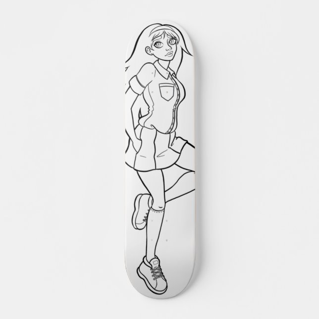 Skateboard Cuidada Anime Schoolgirl Dibujo Blanco Negro (Anverso )