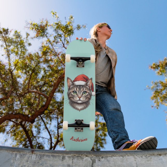 Skateboard Custom Cute Christmas Cat with Santa Hat (Exterior 1)