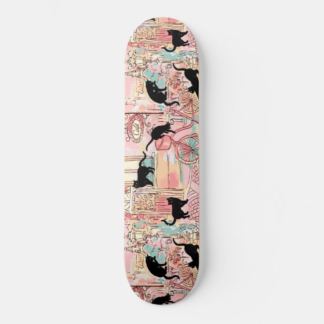 Skateboard Cute acuarela moderna Paris Cafe Cat Pattern (Anverso)