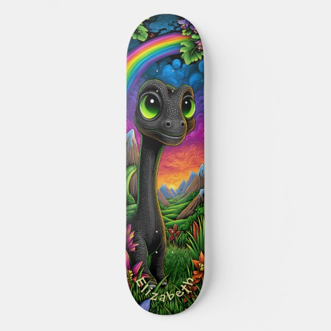 Skateboard Cute Dinosaur Fantasy Mountains Cool Children Art (Anverso)