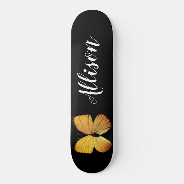 Skateboard Cute Girly Black Yellow Butterfly Personalizado (Anverso)