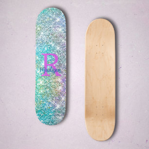 Skateboard Cute monograma irisado de unicornio azul con brill