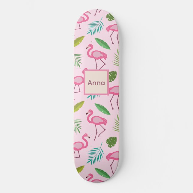 Skateboard Cute Pink Flamingo with Tropical Leaves custom  (Anverso)