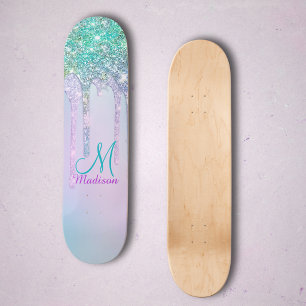 Skateboard Cute Unicornio Turquesa Lluvia de Brillo Arcoíris