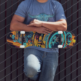 Skateboard Cyan Orange Cyberpunk Industrial Turbine Grunge