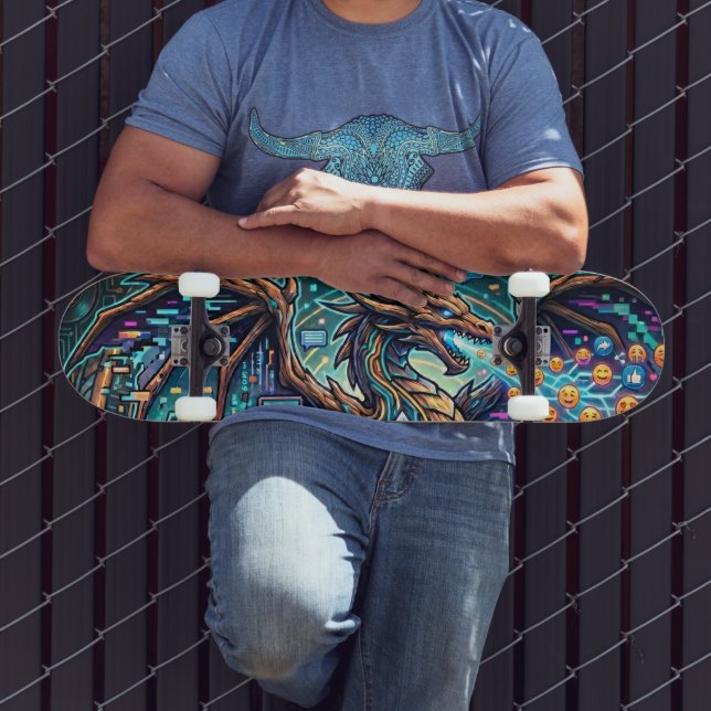 Skateboard Cyber-Neon Blue Dragon Glitch Art Mural Design (Exterior 3)