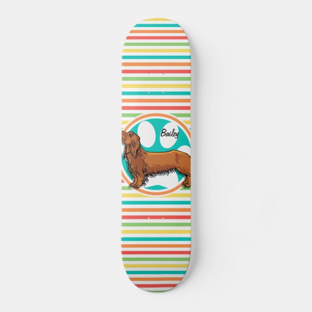 Skateboard Dachshund de cabello largo; franjas de arco iris b (Anverso)