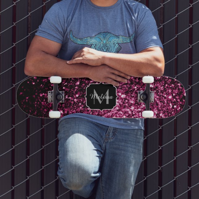 Skateboard Dark Pink faux shiny glitter sparkles Monogram (Exterior 3)