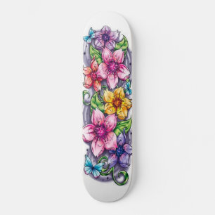 Skateboard de cubierta mariposa de flores de color