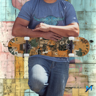 Skateboard De inspiración industrial con arte mecánico abstra