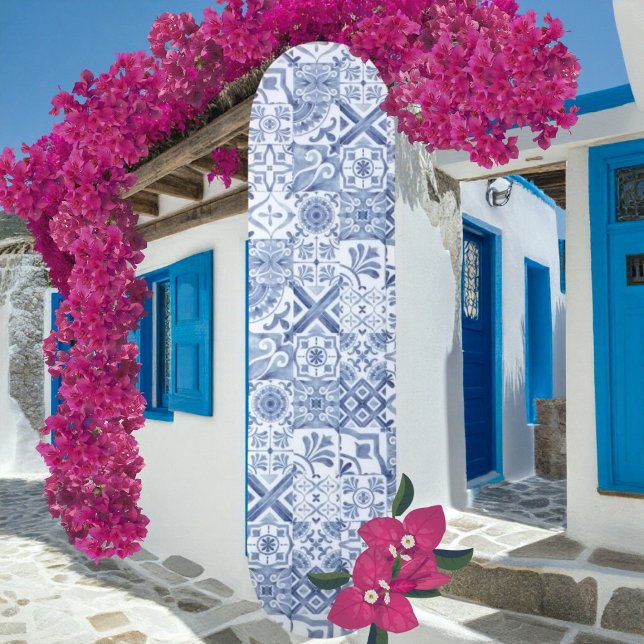 Skateboard de mosaico mediterráneo azul (Blue Mosaic Mediterranean Tile Boho Pattern Skateboard )