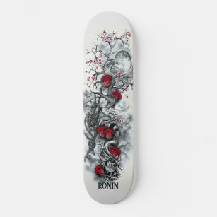 Skateboard de Rosa de cráneo japonés con flores de