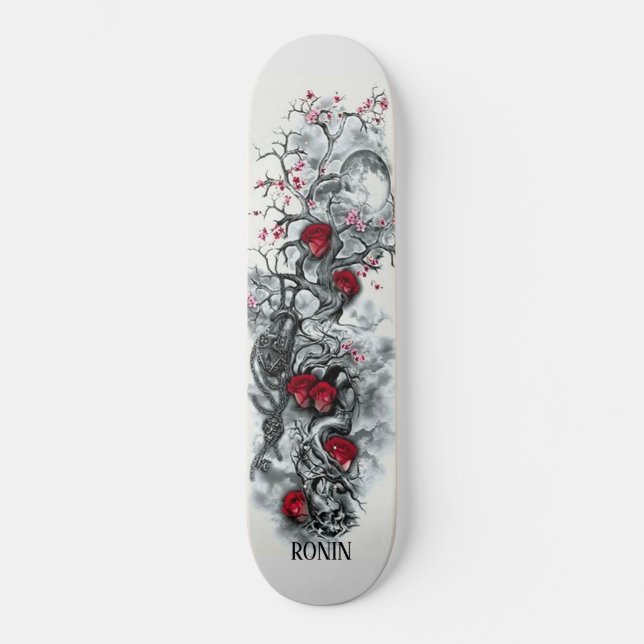 Skateboard de Rosa de cráneo japonés con flores de (Anverso)