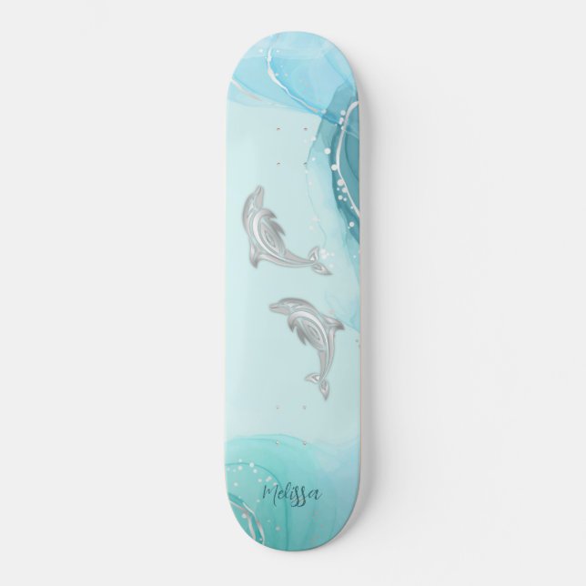Skateboard Delfines plateados Onda la Costa Tu Nombre (Anverso)