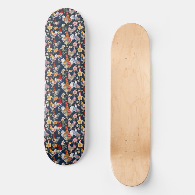 Skateboard Denim Usando Pollos De Patchwork Florales En La Ar (Anverso)