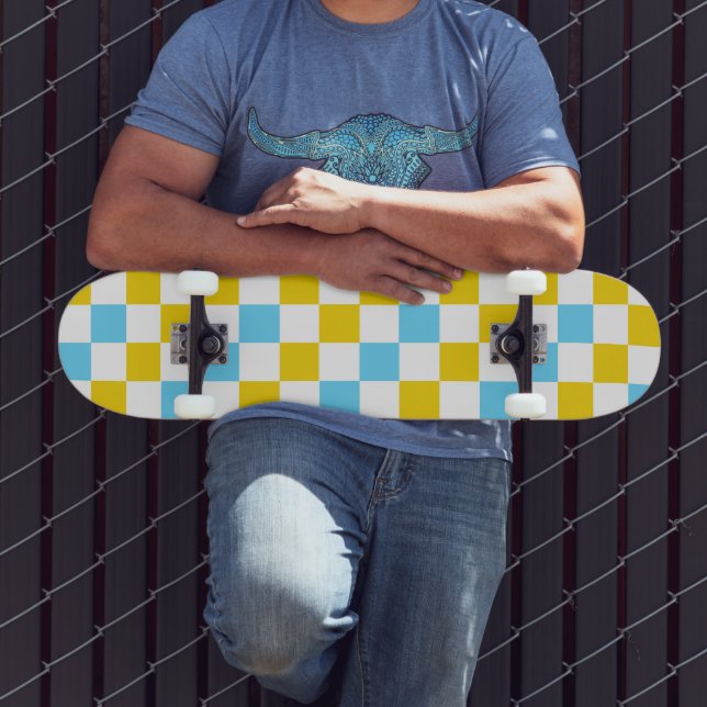 Skateboard Diseño a cuadros amarillo blanco azul (Exterior 3)