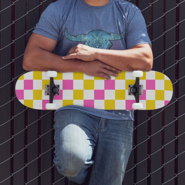 Skateboard Diseño a cuadros amarillo blanco rosa (Exterior 3)