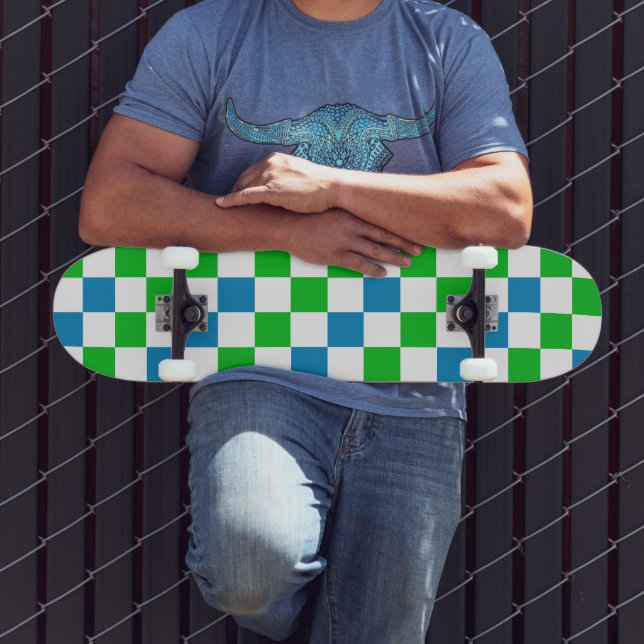 Skateboard Diseño a cuadros azul blanco verde (Exterior 3)