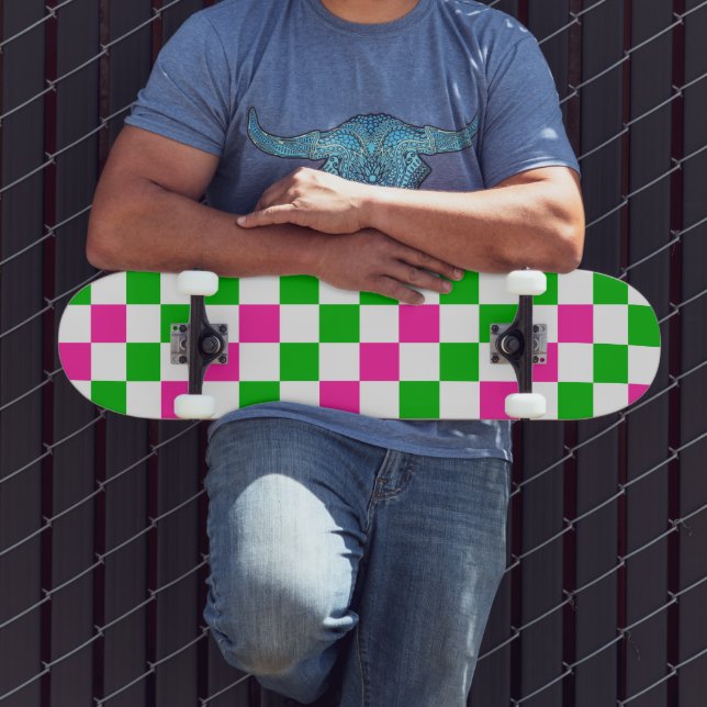 Skateboard Diseño a cuadros rosa blanco verde (Exterior 3)