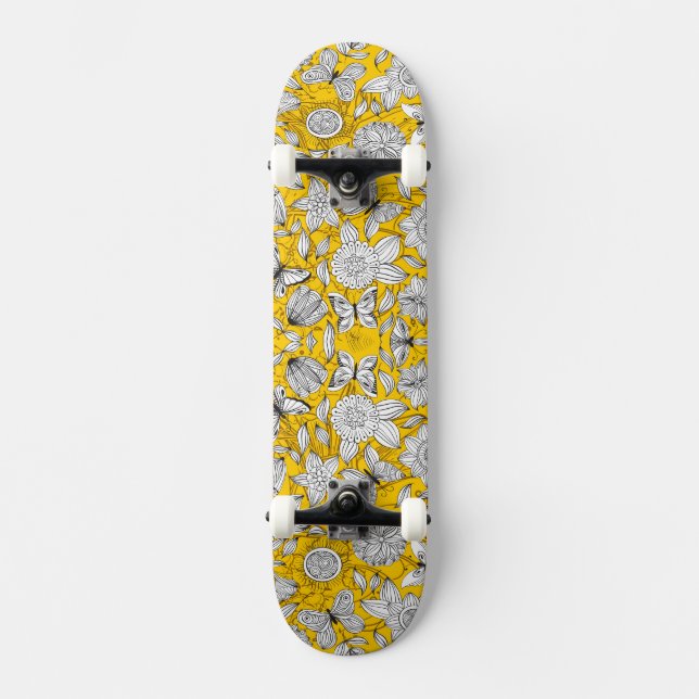 Skateboard Diseño abstracto floral amarillo blanco (Anverso)