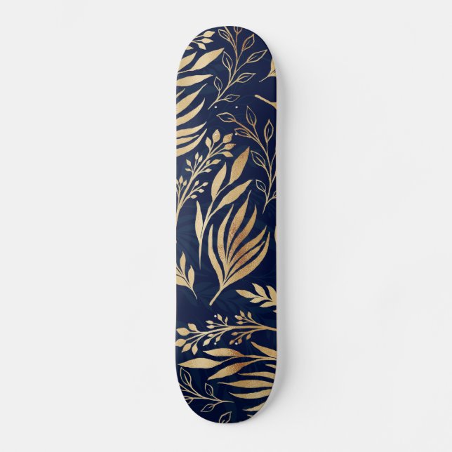 Skateboard Diseño azul botánico del floliage dorado clásico (Anverso)
