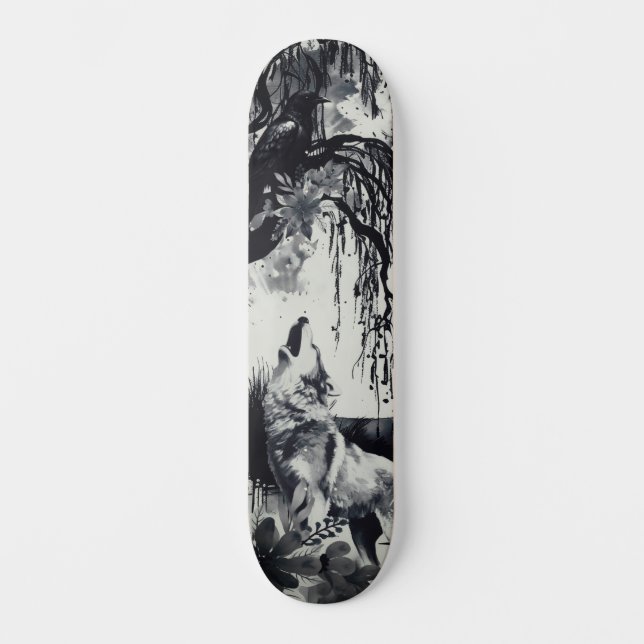 Skateboard Diseño de arte exclusivo Majestuoso Raven Moon & W (Anverso)