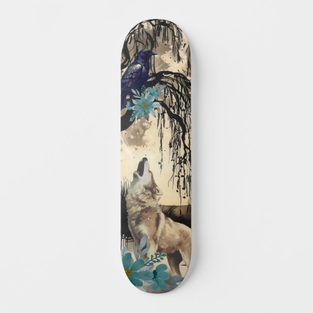 Skateboard Diseño de arte exclusivo Majestuoso Raven Moon & W (Anverso)