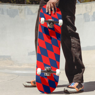 Skateboard Diseño de cuadros arlequín rojo y azul