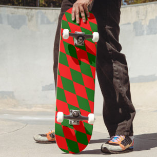 Skateboard Diseño de cuadros arlequín rojo y verde