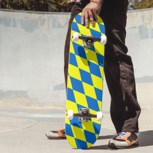 Skateboard Diseño de cuadros de arlequín azul amarillo