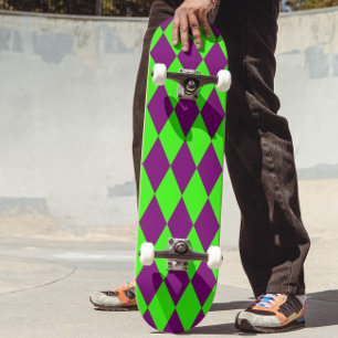 Skateboard Diseño de cuadros de arlequín púrpura y verde