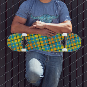 Skateboard Diseño de cuadros escoceses azul amarillo naranja
