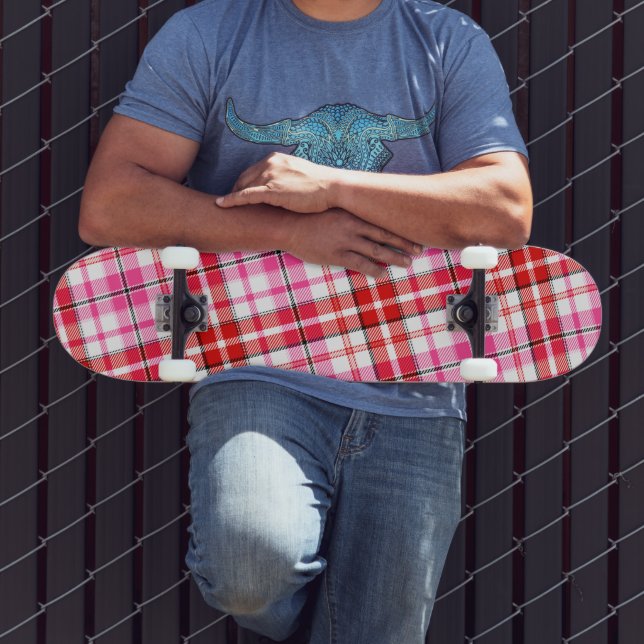 Skateboard Diseño de cuadros escoceses blanco rojo rosa (Exterior 3)