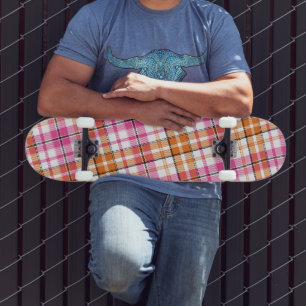 Skateboard Diseño de cuadros escoceses blanco rosa naranja