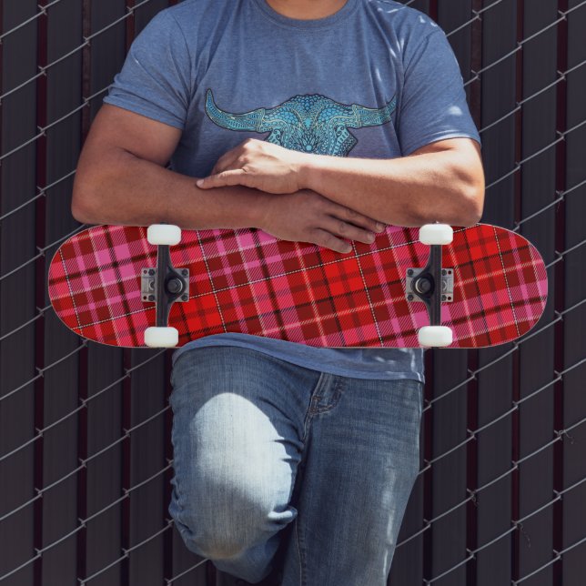 Skateboard Diseño de Cuadros Escoceses Rojo Granate Rosa  (Exterior 3)