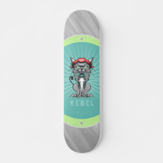 Skateboard Diseño de gato rebelde Skateboe gris, Verde azulad