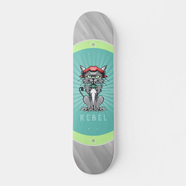 Skateboard Diseño de gato rebelde Skateboe gris, Verde azulad (Anverso )