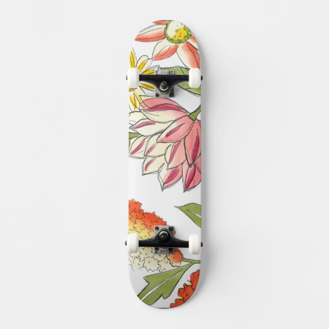 Skateboard Diseño de jardines florales con fondo blanco (Anverso)