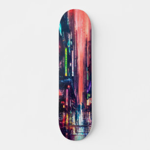 Skateboard Diseño de lluvia con luces de neón de CityScape