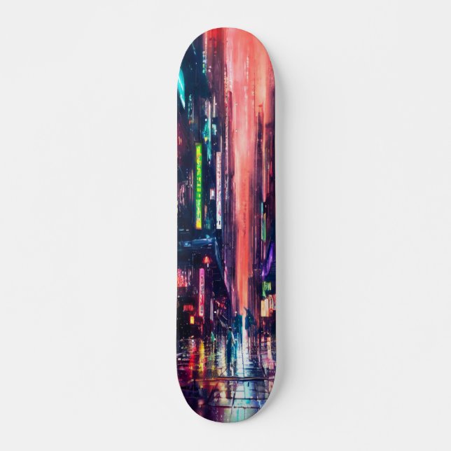 Skateboard Diseño de lluvia con luces de neón de CityScape (Anverso )