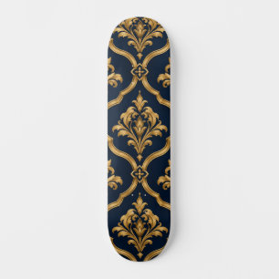 Skateboard Diseño de Motivo Vintage de Damasco Dorado y Azul 