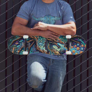 Skateboard Diseño de mural de arte glitch del dragón azul cyb