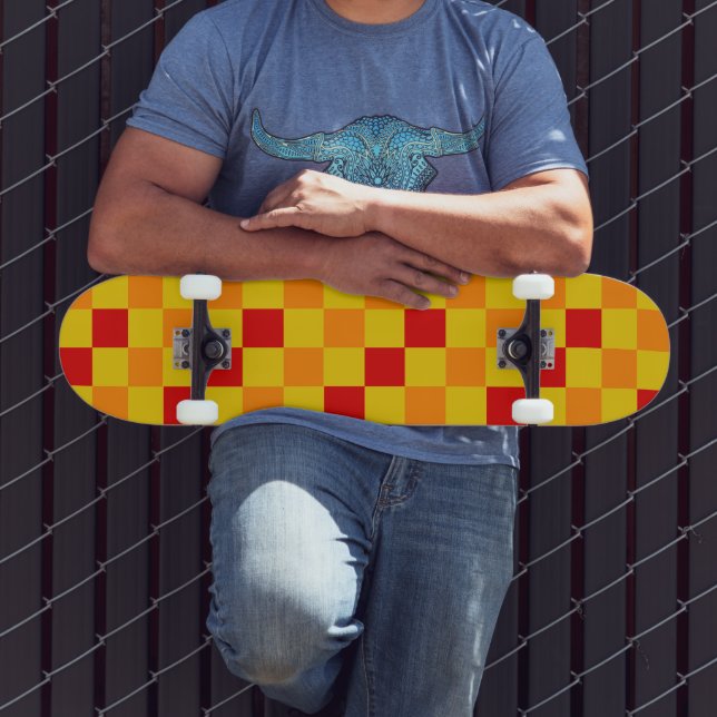 Skateboard Diseño de patrón a cuadros rojo naranja amarillo (Exterior 3)