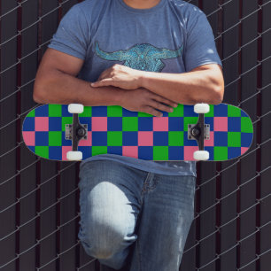 Skateboard Diseño de Patrón Cuadriculado Azul Verde Rosa