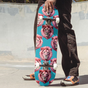Skateboard Diseño de patrón de animal cabeza de león rosa azu