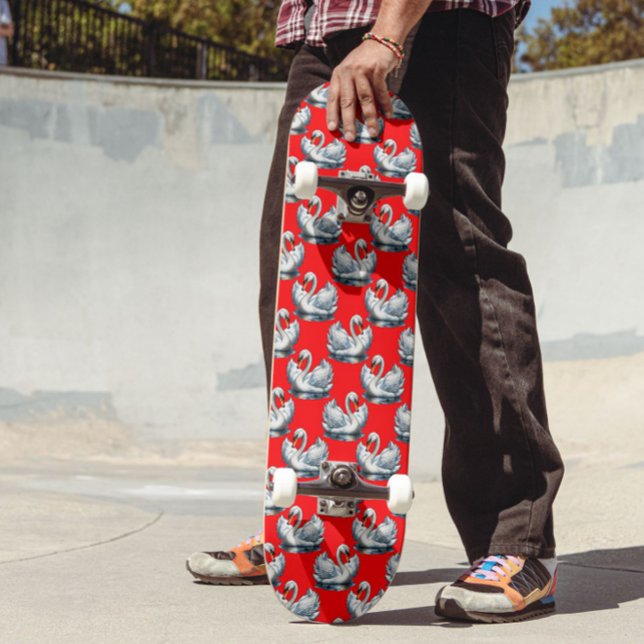 Skateboard Diseño de patrón de aves cisne en rojo (Subido por el creador)