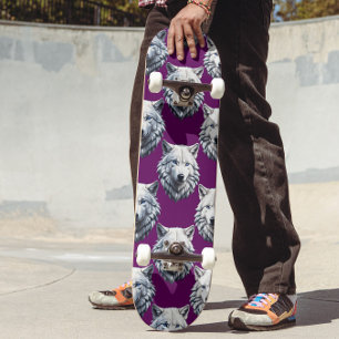 Skateboard Diseño de patrón de cabeza de lobo blanco púrpura