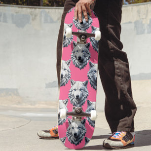 Skateboard Diseño de patrón de cabeza de lobo blanco rosa