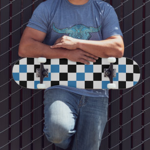 Skateboard Diseño de Patrón de Cuadros Azul Negro Blanco